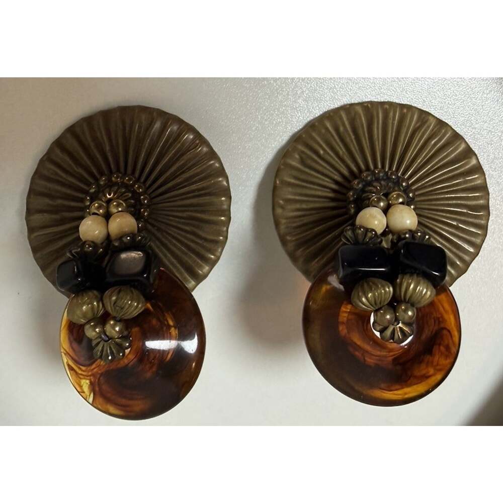 Handmade Brass Wood Statement Necklace Clip Earrings Set Boho Artisan Pendant - Picture 7 of 11